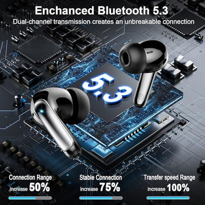 Wireless Earbuds, Bluetooth 5.3 Headphones Bass Stereo, 48Hours Playtime, 4 ENC Mic Clear Calls, Noise Cancelling Ear Buds with LED Display Charging Case,IPX7 Waterproof Earphone for Android iOS Black - color: Black