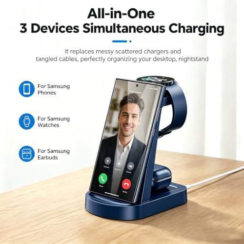 Wireless Charging Station for Samsung/Android, Fast Wireless Watch Charger Station Compatible for Samsung Galaxy S26 Ultra/S25/S24+/Z Flip 7/6 Fold 7/6, Watch8/7/Pro/Active 2 Galaxy Buds3/2 Pro(Blue) - color: Blue