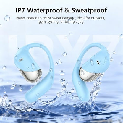 Open Ear Wireless Earbuds Headphones, Bluetooth Built-in Mic,Waterproof, LED Display Charging Case,on Ear Hooks Clip Ear Buds，Ultra-Comfort Earphones Design for Walking/Running/Sport - color: blue‌green721