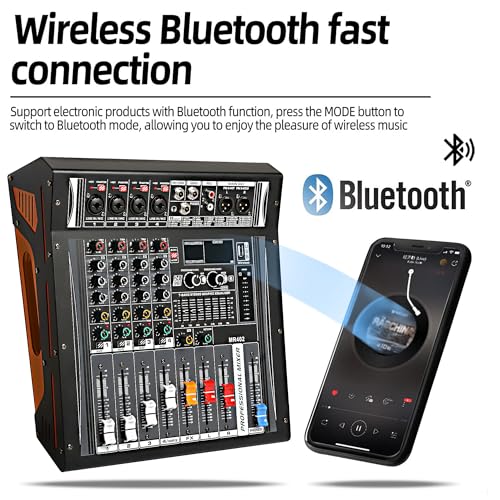Audio Mixer 4 Channel, DJ Mixer with Power Amplifier, Audio Sound Card with 48V Phantom Power, Usb Audio Interface, Sounds Mixer Board with 99 DSP FX Reverb Delay Effect for Streaming