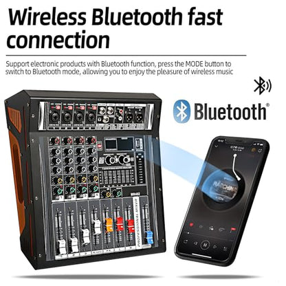 Audio Mixer 4 Channel, DJ Mixer with Power Amplifier, Audio Sound Card with 48V Phantom Power, Usb Audio Interface, Sounds Mixer Board with 99 DSP FX Reverb Delay Effect for Streaming