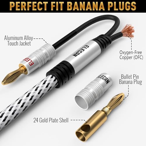 14 AWG Speaker Cable Wire 12 Feet with Gold-Plated Banana Tip Plugs-CL2 Rated-in Wall-Heavy Duty Nylon Braided, Oxygen-Free Copper (OFC)-White-with 5 Cable Ties - size: 12FT