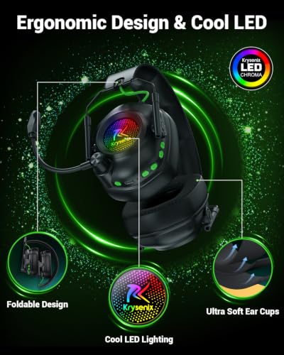 Krysenix 2.4 GHz Wireless Gaming Headset for PC, PS5, PS4, Switch - Black | Bluetooth 5.4 Gaming Headphones with Noise Canceling Microphone, Cool RGB Lighting,1200 mAh Battery, Foldable, 50mm Drivers - color: Black