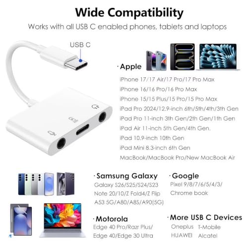 USB C to Microphone & 3.5mm Headphone Adapter with PD Fast Charging for Live-Streaming, 3-in-1 Aux to USB C Audio & MIC Splitter Compatible with iPhone 17/16/15, iPad Pro, Galaxy S26, and More