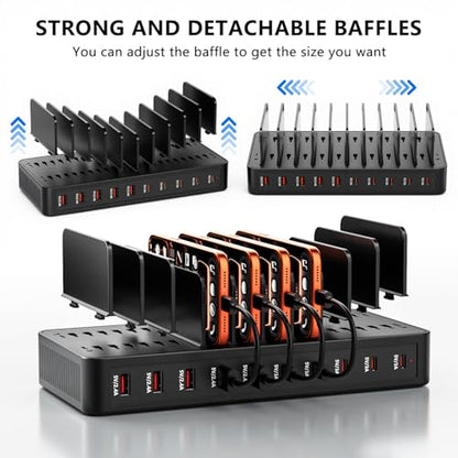 USB C Charging Station for Multiple Devices, 10-Port 100W Charging Dock, with Adjustable Dividers, USB-C Power Hub, Compatible with iPhone/Samsung/Google/Tablets/USB Devices (with 10 Cables)