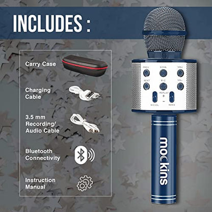 Mockins Navy Bluetooth Karaoke Microphone for Kids with Built in Bluetooth Speaker| Wireless Microphone Karaoke Compatible with iOS & Android| All-in-One Mic - color: Navy