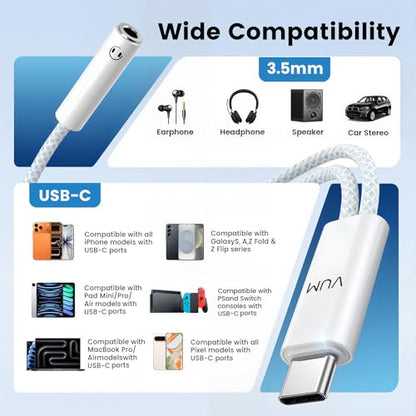 VUM USB-C to Dual 3.5mm Headphones Jack Hi-Res Audio Adapter Splitter | 32-bit/384kHz Hi-Res, TRRS HD Mic Input Supported, 1-in 2-Out Hi-Fi Stereo USBC Audio Splitter, OFC Cable with Silver-Plated