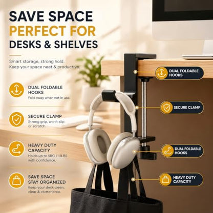JAKO New Foldable Headphone Stand for Desk, Aluminum Alloy Headphone Holder - Headset Stand Hook Space Save Mount, Universal Fit PC Gaming Headsets Holder Under Desk Clamp for Office, Computer Table - color: Silver