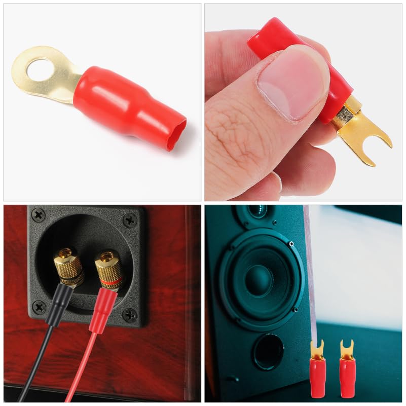 12Pcs Spade Terminals Connectors: 8GA Spade Connector Car Strip Terminal Fork Adapters Plugs Crimp Barrier s for Speaker Wire Cable Plug, Universal Fit（Fork+Circle）