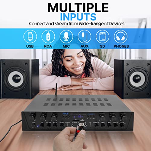 Pyle Bluetooth Home Audio Amplifier - 6 Channel Stereo Receiver Amp, 600 Watt Power, Commercial or Karaoke with Mic Talkover, Headphone Jack, 1/4'' Microphone In, USB SD AUX RCA FM Radio