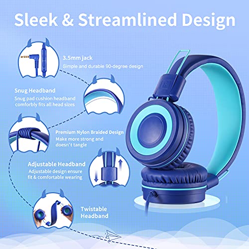 POWMEE P10 Kids Stereo Headphones with Microphone for Children Boys Girls,Adjustable 85dB/94dB Volume Control Foldable On-Ear Headphone for School/PC/Cellphone(Blue) - color: Blue