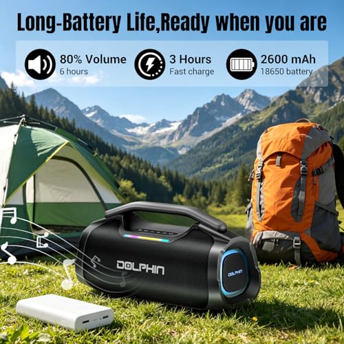 TWS Portable Bluetooth Speaker, 55W Bass, IP67 Waterproof for Outdoor Party | Mic input for karaoke, ABS rugged for pool, garage, trail, Loud Deep Bass 2600mAh plays 6H for Travel, House, Beach, Camping