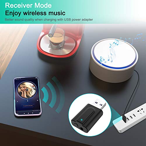 Bluetooth 5.0 Transmitter Receiver Adapter, 3.5mm Portable Wireless Audio Transmitter Receiver Dongle for TV/PC/Headphones/Car Stereo/Home Theater, USB for Power Supply, Low Latency, Plug and Play