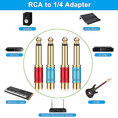 RCA to 1/4 Adapter 4 Pack, 24K Gold Plated 1/4 inch to RCA Female Mono Audio Connecto(Blue*2+Red*2)