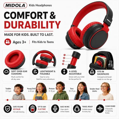 Kids Bluetooth Headphones Wireless 68 Hours,Safe Volume Limit 85/94dB | Adjustable Headband Foldable Over-Ear Lightweight Headsets for Toddler Girls Boys Tablet/iPad,HD Stereo,Built-in Mic Black - color: Black