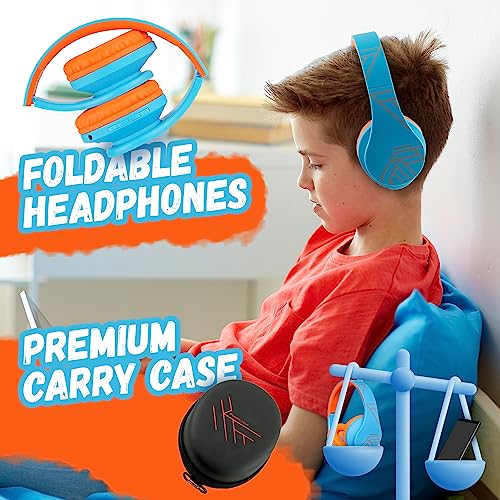 PowerLocus Kids Headphones Over-Ear, Bluetooth Wireless Headphones for Kids,with Microphone, Safe 85DB Volume Limited, Foldable with Carry Case, Audio Cable, Micro SD mode for Online Classes,PC,Phones - color: Blue/Orange