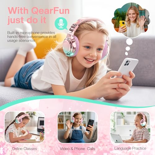 QearFun Kids Bluetooth Headphones, 60H Playtime, 74/85/94dB Safe Volume Limit, Metallic Gradient Wireless Headset with HD Mic, Fast Charging, Foldable, Wired 3.5mm Mode for School/Tablet/Travels | For school, tablet, travel, kids wireless headphones featu