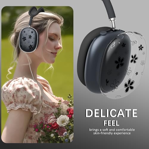 Joyland Silicone Case for AirPods Max Headphones,Black Flowers Soft TPU Ear Cups Cover/Ear Pad Cover/Headband Protection for Apple AirPods Max USB-C/Lightning (2024/2020),Clear Black - color: Black-Black Flowers