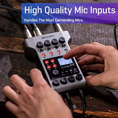 Zoom PodTrak P4 Podcast Recorder with 4 XLR Mic Inputs, 4 Headphone Outputs, Phone & USB Input for Remote Interviews, Sound Pads, 2-In/2-Out USB Audio Interface, Battery Powered | Phone and USB Input for Remote Interviews, Sound Pads, 2-In/2-Out USB Audio