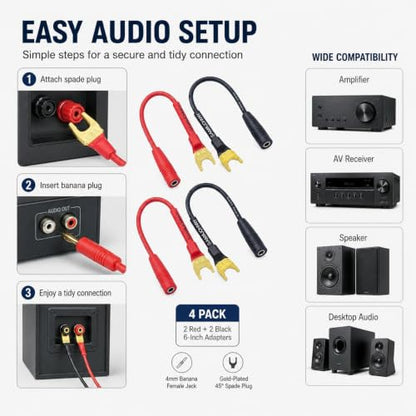 Sam&Johnny Gold Plated 45 Degree Spade Plugs to 4mm Female Banana Jack Speaker Wire for Speakers and Amplifier, Soldered Construction, 4 Pack of 3 Inch, RED/ BLACK - style: Spade, Banana