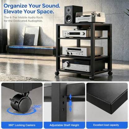 4 Tier Audio Rack Tower, CD Record Player Stereo Receiver AV Equipment Cabinet Display Rack, Weight Capacity 661 lbs, with Adjustable Wooden Shelves for Home (4 Tier Black) - size: 4 Tier Black