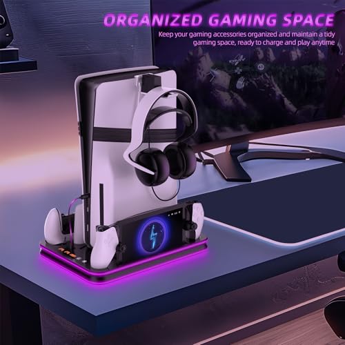 PS5 Pro/Slim/PS5 Stand and Cooling Station with RGB Lighting,Charging Station for PlayStation Portal & P5 Controller, PS Portal Charger,Headset and Remote Holders (Black) - color: Black