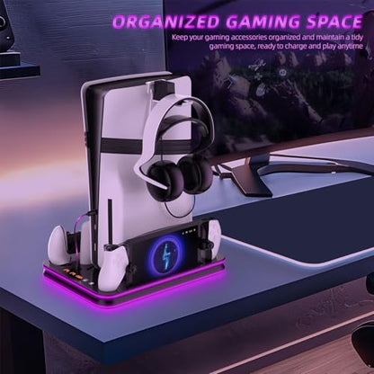 PS5 Pro/Slim/PS5 Stand and Cooling Station with RGB Lighting,Charging Station for PlayStation Portal & P5 Controller, PS Portal Charger,Headset and Remote Holders (Black) - color: Black