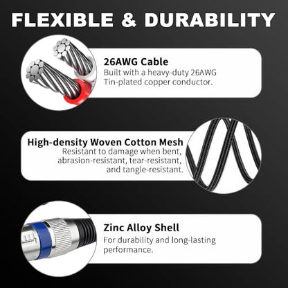 XLR Cable 3ft 3Pin XLR Male to Female Microphone Cable, 2-Pack | Short XLR Cable 26AWG Tinned Copper Nylon Braided Mic Cord for Mixer, Speaker Systems, Sound Equipments, Effector, Amplifier