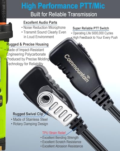 commountain Earpiece for Kenwood Baofeng 2-Pin Walkie Talkies Radios | Fits TK Series & UV-5R BF-F8HP and more, G-Shape Earhook Headset Fits Left or Right Ear, Noise Reducing PTT Mic