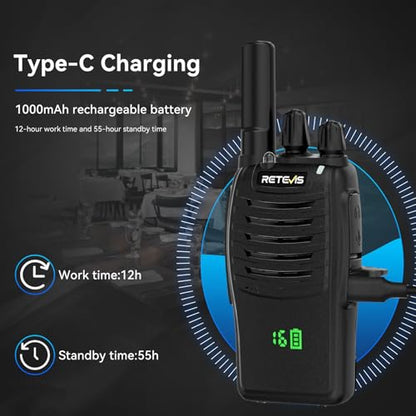 Retevis H777H Walkie Talkies with Earpeice,Portable FRS-Two Way Radio 6Pack | For Schools, Shatterproof Hidden Display, 6-Way Charger, USB-C, Emergency Alarm, Flashlight, with Stretchable Coiled Headset