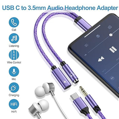 USB C to 3.5mm Audio Headphone & Android Phone Charger Adapter, 2-in-1 Type | C to Aux Earphone Jack Dongle Cable & 60W Fast Charging for Samsung Galaxy S26 A17 A36 A54 A34 S24 S23 Ultra S22 S21 fe S20