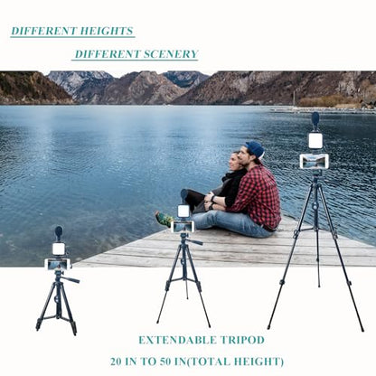 Vlogging Kit for iPhone, Vlogging kit for Android Phone,YouTube Starter Kit with Two Tripods Light Microphone Remote and Jack Adapter - size: M with Shotgun Mic