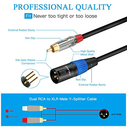 JOLGOO Unbalanced Dual RCA to XLR Male Y Splitter Patch Microphone Cable, 1 XLR Male to 2 RCA Male Y Adapter Cord Cable, 6.6 Feet - size: 6.6 Feet, style: Dual RCA Male to XLR Male