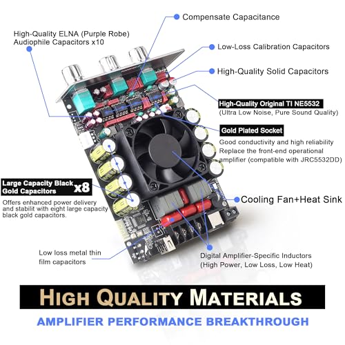 440W Audio Amplifier Board with Treble and Bass Control, TPA3251 Chips, DC 12-36V, Bluetooth 5.2 and AUX Inputs, 2.0 Channel Stereo AMP Board for DIY Wireless Speakers - color: Black2 T220HS