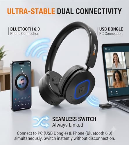 Wantek Wireless Headset with Mic,Bluetooth Computer Headset with USB Dongle | Noise cancelling mic, mute button and volume controls for clear calls on Zoom, Microsoft Teams, meetings and home office work - color: Dark black
