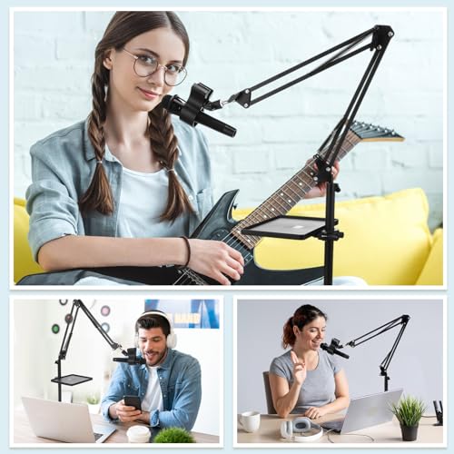Relaxweex 4 Set Microphone Stands with Weighted Bases Boom Arm Floor Mic Stand with Tray Microphone Clip Carrying Bag 3/8" to 5/8" Screw Adapter and Cable Ties for Singing Stage Wedding Karaoke Band