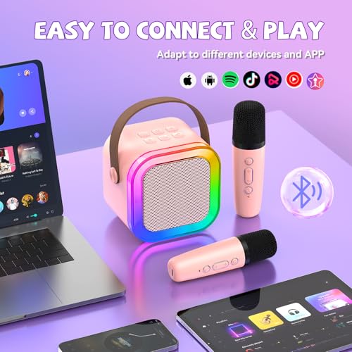 Mini Karaoke Machine for Kids Girls Boys - Birthday Gifts for Ages 4 5 6 7 8+ Year Old - Portable Bluetooth Speaker with 2 Wireless Microphone - Kids' Instrument Accessories - Rose Gold - style: Rose Gold