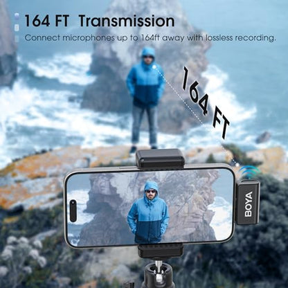 BOYA Wireless Lavalier Microphone for iPhone 14/13/12, Noise Cancellation, 15H Battery, 164FT Mini Lapel Mic Wireless with Lightning for Video Recording, YouTube, Vlog, Streaming Omic-D-B