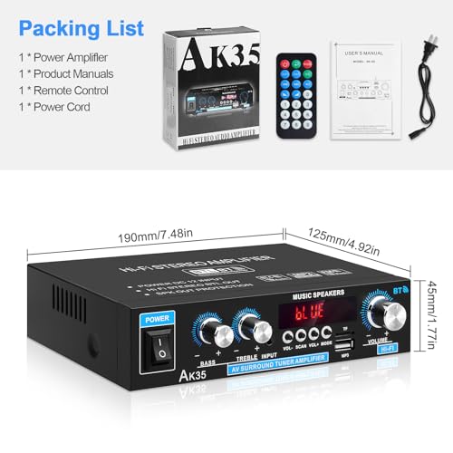 Home Audio Amplifier AK-35 HiFi Bluetooth 5.0 Mini Stereo Amp Receivers | 2.0 Channel RMS 30W x 2 Max. 200W Output with USB,AUX,FM Radio for Home Theater Speakers System - color: AK-35(2.0CH 30W+30W RMS)