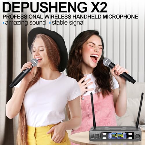 Depusheng Wireless Microphone System, VHF Fixed Dual Frequency Wireless Set with 2 Handheld Dynamic Transmitter Wireless Mic Set for Singing, Karaoke, Church, DJ,200ft Range - size: X2