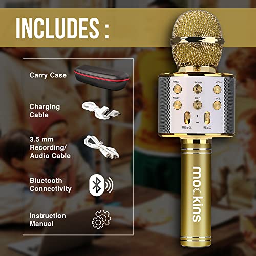 Mockins Gold Bluetooth Karaoke Microphone for Kids with Built in Bluetooth Microphone Wireless Speaker | Wireless Mic Karaoke Compatible with iPhone & Android | All-in-One Mic - color: Gold