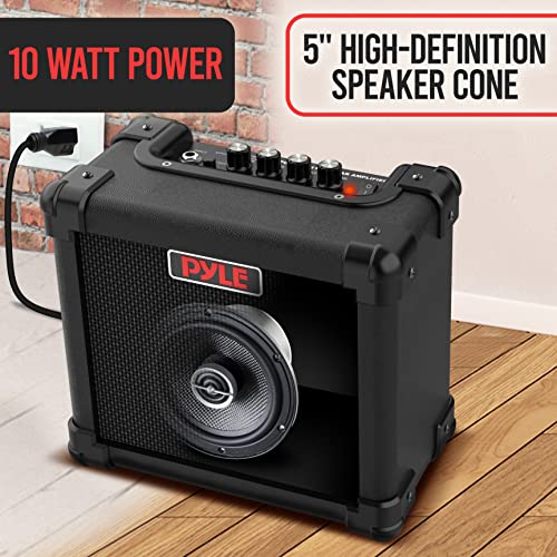 Pyle Portable Electric Guitar Amp - Battery or Wall Power Mini 10 Watt Mini Practice Instrument Amplifier w/ 5" High Definition Speaker, Headphone Out, Volume, Bass, Treble, Distortion, Gain Controls