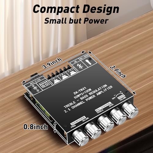 Daakro ZK-TB21 Bluetooth Amplifier Board,50W+50W+100W 2.1 Channel Subwoofer Amp Board with Treble and Bass Control,DC 12-24V, Bluetooth and AUX Inputs, DIY Wireless Speakers AMP Board, Password Free - color: ZK-TB21