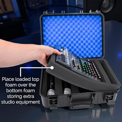 CASEMATIX DJ Mixer Case Compatible with Yamaha MG10XU, MG10, MG06 – Hard Shell Travel Case for 10-Input Stereo Mixers, Mics, Audio Interfaces & Cables – Two Customizable Foam Trays