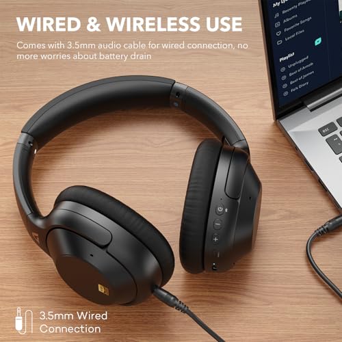 Bluetooth 6.0 Active Noise Cancelling Headphones for Airplane Travel, Black | LDAC Hi-Res Audio, 90H Playtime Wired and Wireless ANC Headphones, Over Ear Headset for Home Office, Custom EQ via APP - color: Black