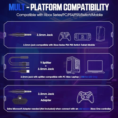 YPBDAN RGB Gaming Headset with Mic for PS5 PS4 Xbox Series X|S Xbox One PC | 7.1 Surround Sound, Noise Cancelling Mic, 50mm Drivers, Memory Foam Earcups, Over-Ear Headphones for Switch Mac
