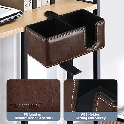Under Desk Cup Holder Clamp on Cup Holder PU Leather Clip on Desk Organizer | Desk organizer with pencil holder clamp on side, under desk hanging organizer, clip on cup holder desk phone stand holder PU - color: Brown