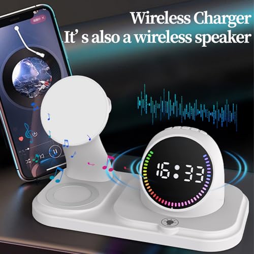 6 in 1 Wireless Charger for Apple Device，with Clock & 5 Color Ambient Light, Comes with Speakers,Nightstand Charger Station for iPhone 17/16/15/14/13/12/iWatch Series/AirPods (White) - color: White