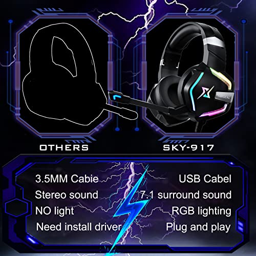 targeal 7.1 Surround Sound Gaming Headset for PS4 PS5 PC Laptop Tablet Mobile, Over Ear Wired USB Gaming Headphones with Omni-Directional Noise Canceling Mic, RGB LED Light (SKY-917 Without Cable) - style: SKY-917 Without Cable