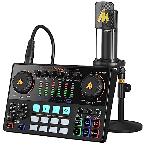 MAONO AME2A Podcast Equipment Bundle, Audio Interface and XLR Condenser Mic | 48V phantom power, Bluetooth, 11 custom sound pads, podcast recording, YouTube/TikTok live streaming, PC and home creators